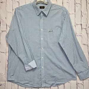 Greg Norman for Tasso Elba Mens XL Blue Plaid Cotton Button Down Shark Shirt